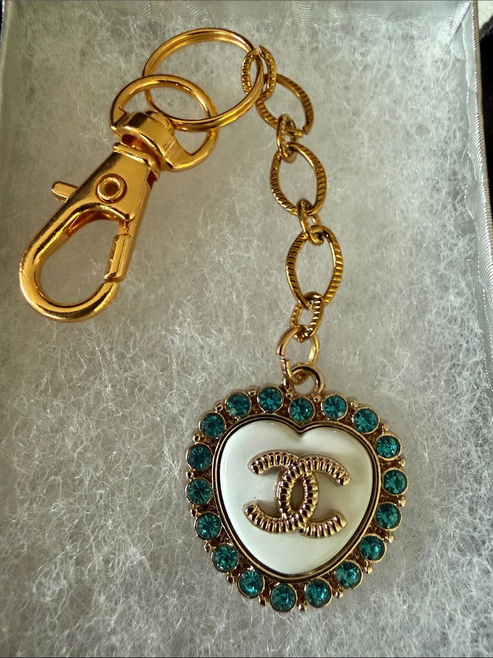 Gold-Tone Heart Key Holder with White Enamel and Blue Crystals - Picture 2 of 3